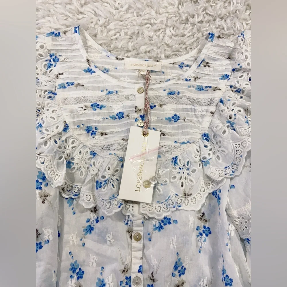 NWT LoveShackFancy Canna Lace Top Blouse- Brilliant Blue